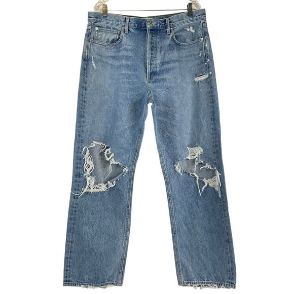 Agolde Jeans Women's Sz 32 Blue 90's High Rise Straight Distressed $198 Nwot